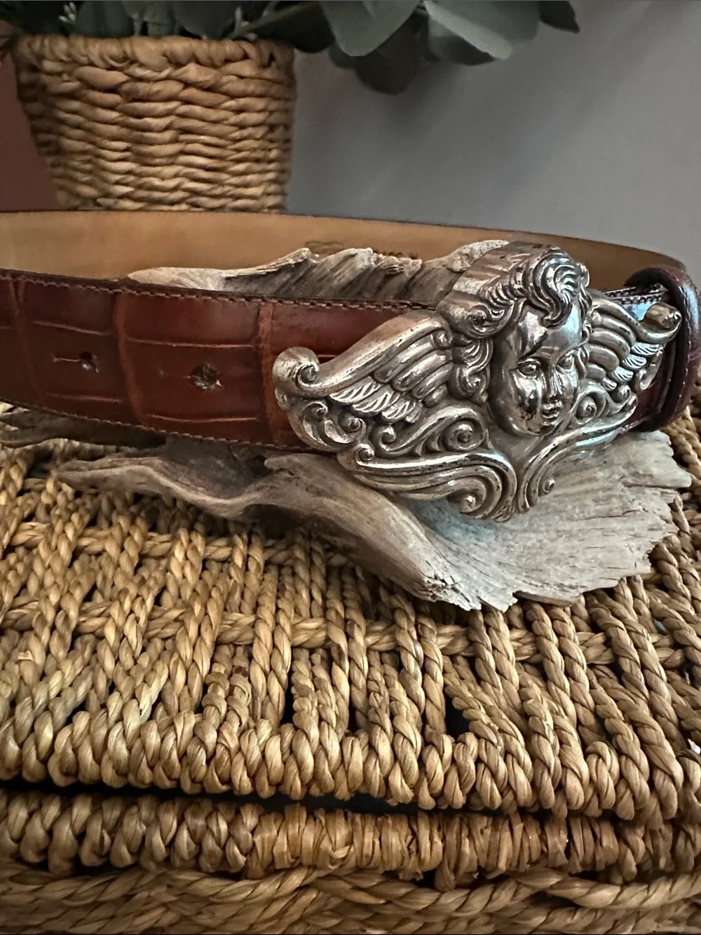 Brighton 1995 Brown crocodile leather M cherub Cupid silver buckle belt